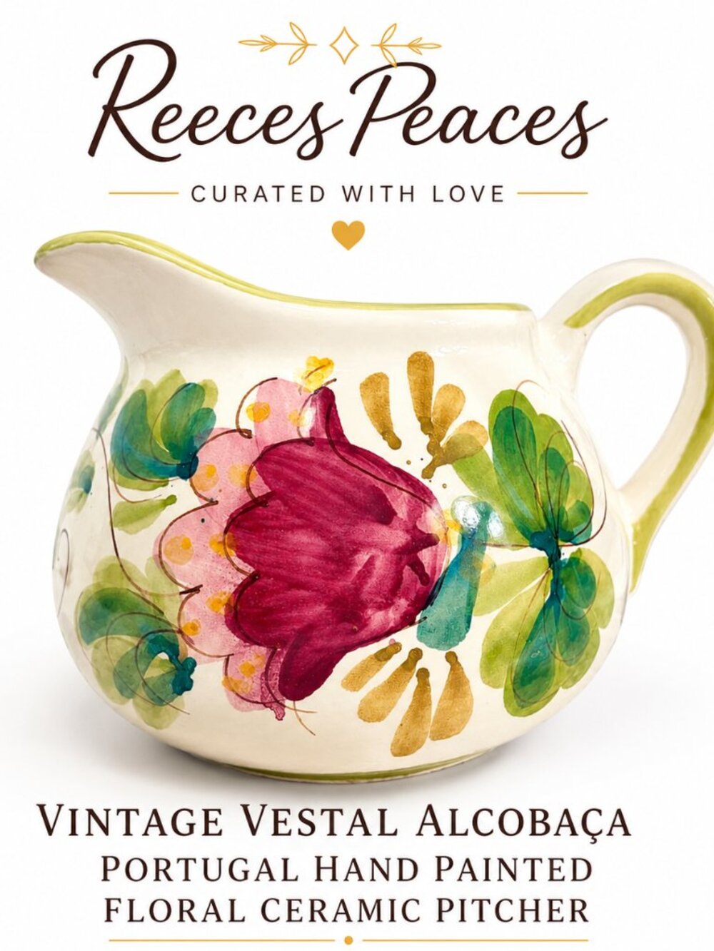 Vintage Vestal Alcobaça Portugal Hand Painted Floral Ceramic Pitcher